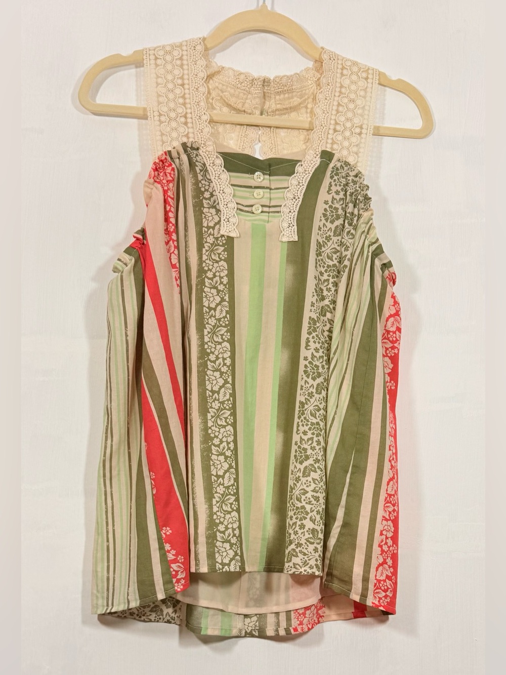 CAbi Olive, Coral & Light Green Lace-Trim Cold Shoulder Camisole